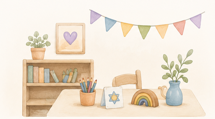 A cozy watercolor classroom shelf with books, pencils, and a wooden rainbow.